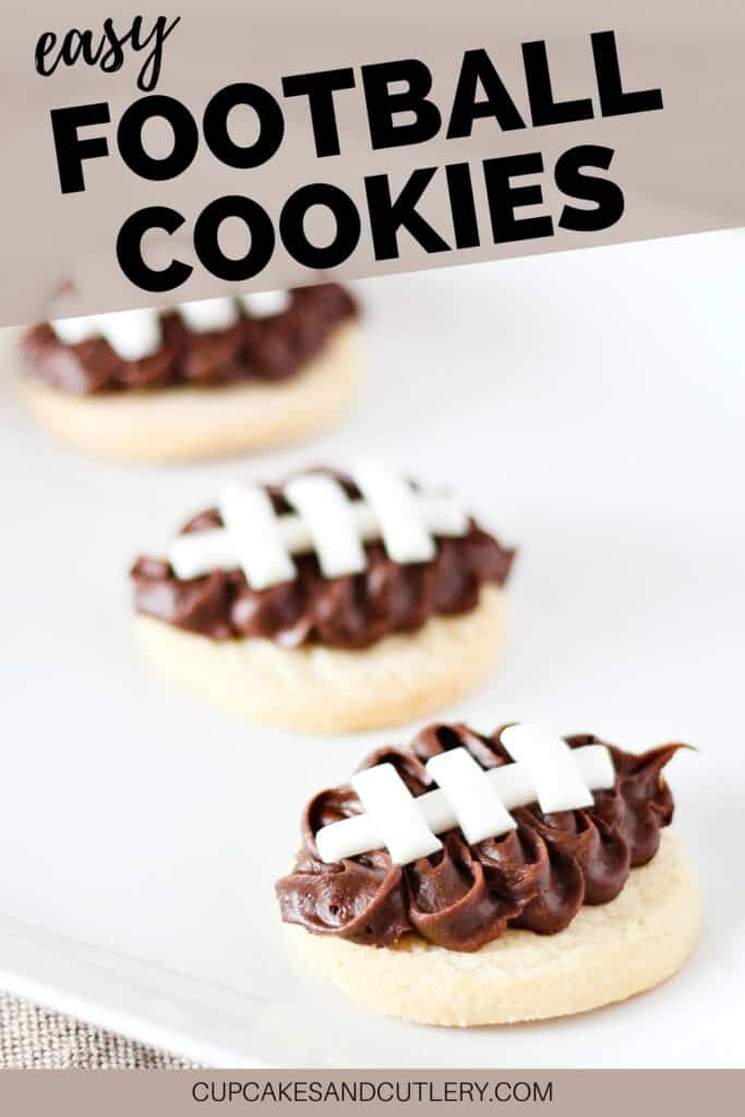 Close up of decorated football cookies with text around it.