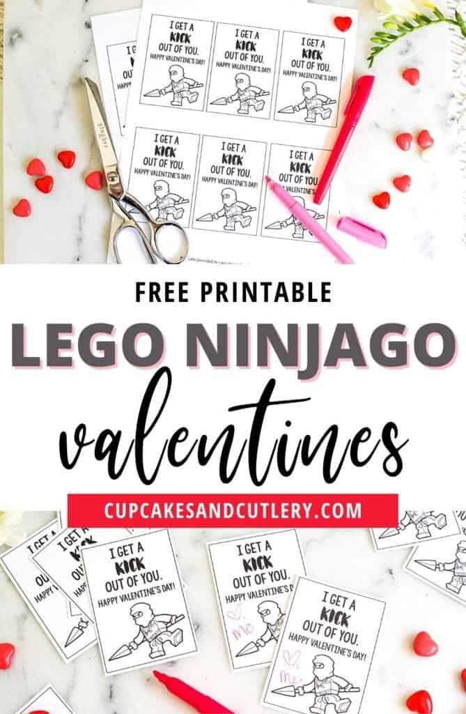 Collage of images containing printable lego Ninjago valentines.