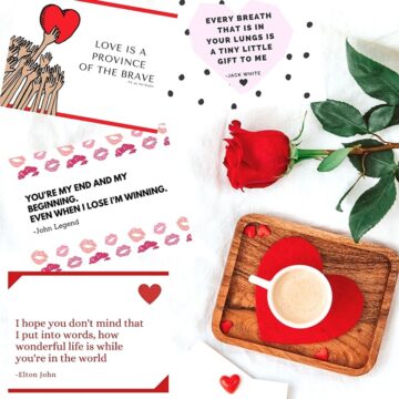 A tray with coffee next to a red rose and a few printable valentine's next to it.