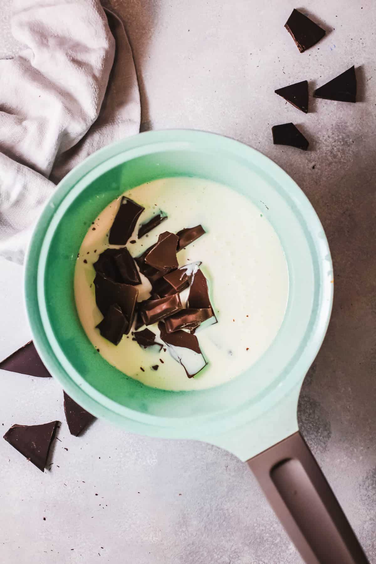 A small mint green saucepan with cream and chopped chocolate. 