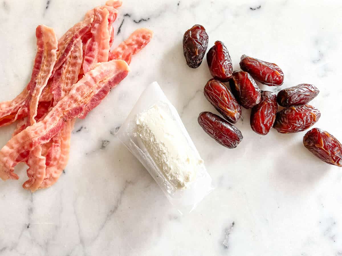Ingredients to make stuffed dates with bacon and goat cheese.