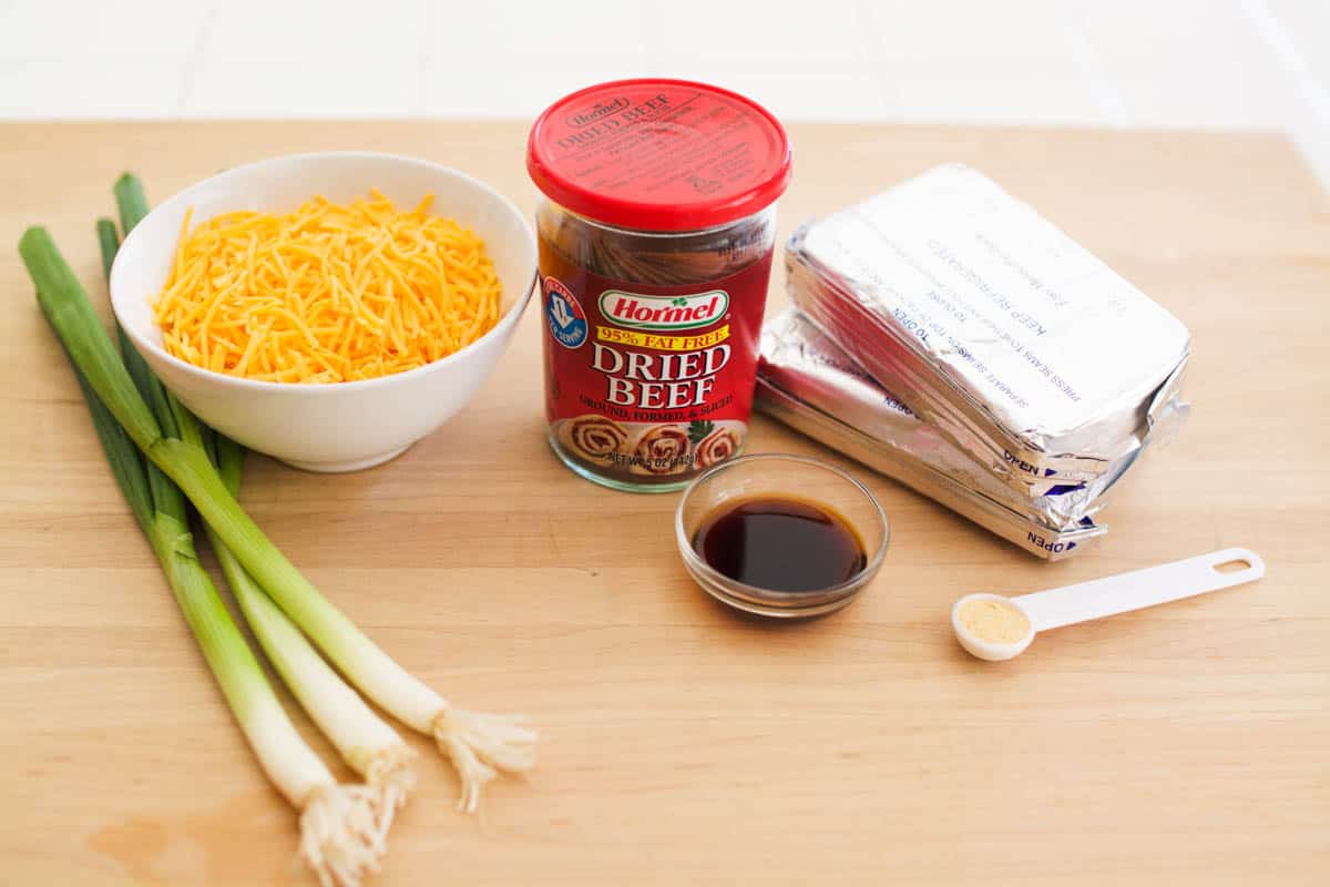 Ingredients to make a chipped beef cheese ball