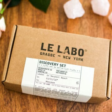 Close up of box holding the discovery set of perfume by le labo.