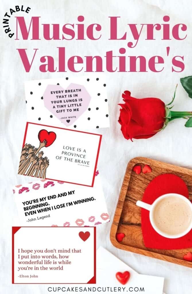 A tray with coffee next to a red rose and a few printable valentine's next to it, with text that reads Printable Music Lyric Valentines.