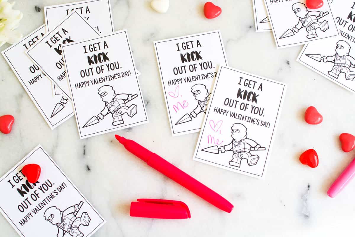 Ninjago character Valentine's Day cards with heart candy and marker.
