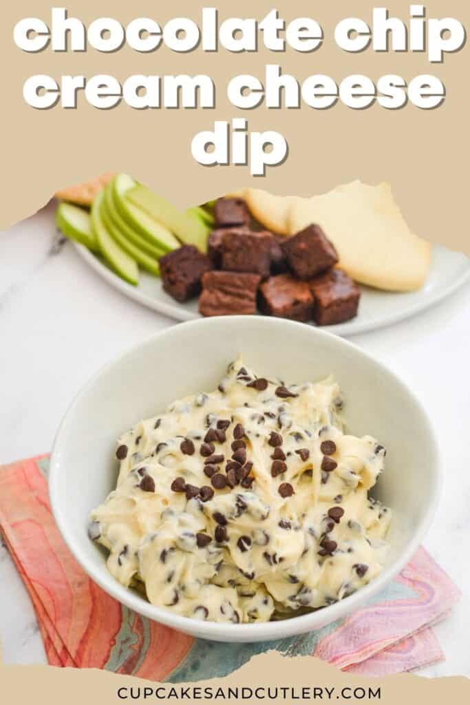 Close up of a white bowl holding a cream cheese dessert dip with chocolate chips.