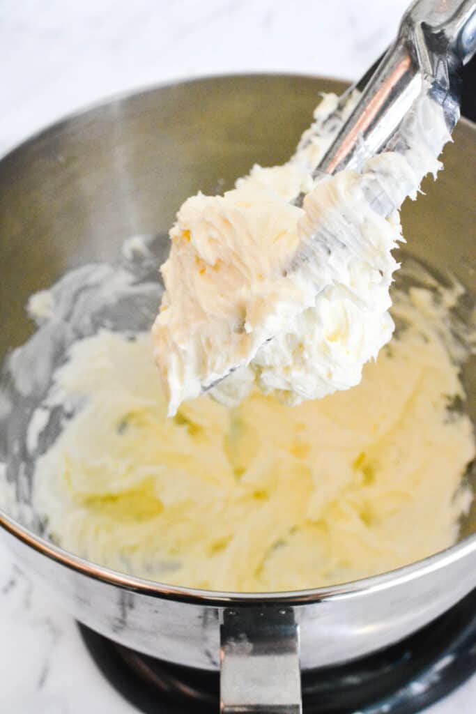 Whipped cream cheese and butter in a stand mixer.