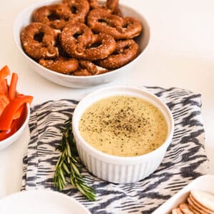 Close up of a small white bowl with hot beer cheese dip next to a bowl of pretzels.