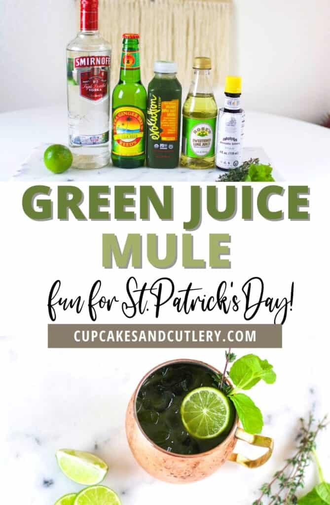 Collage of images for making a Green Moscow Mule for St Patrick's Day. Learn how to make an easy Green Moscow Mule Recipe. Need St. Patrick's Day cocktails? This drink is quick to make at home and is refreshing and delicious. With green juice, lime and vodka, this St. Patrick's Day Mule is fun to sip while celebrating. Serve them in a copper mug or in a tall glass (so the green color really stands out!). Get this Green Mule recipe at cupcakesandcutlery.com.