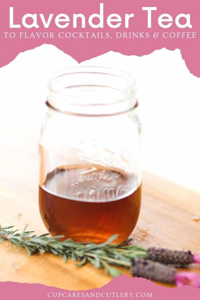 Close up of a jar on a cutting board with fresh lavender sprigs next to it.