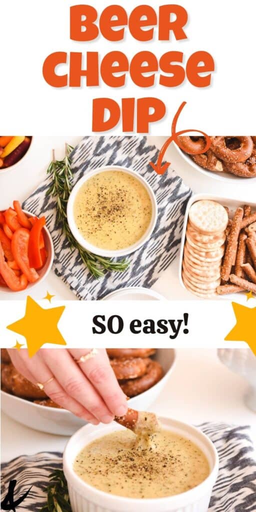 Beer cheese dip in a white bowl and a photo of a woman dipping pretzel in the dip with text.