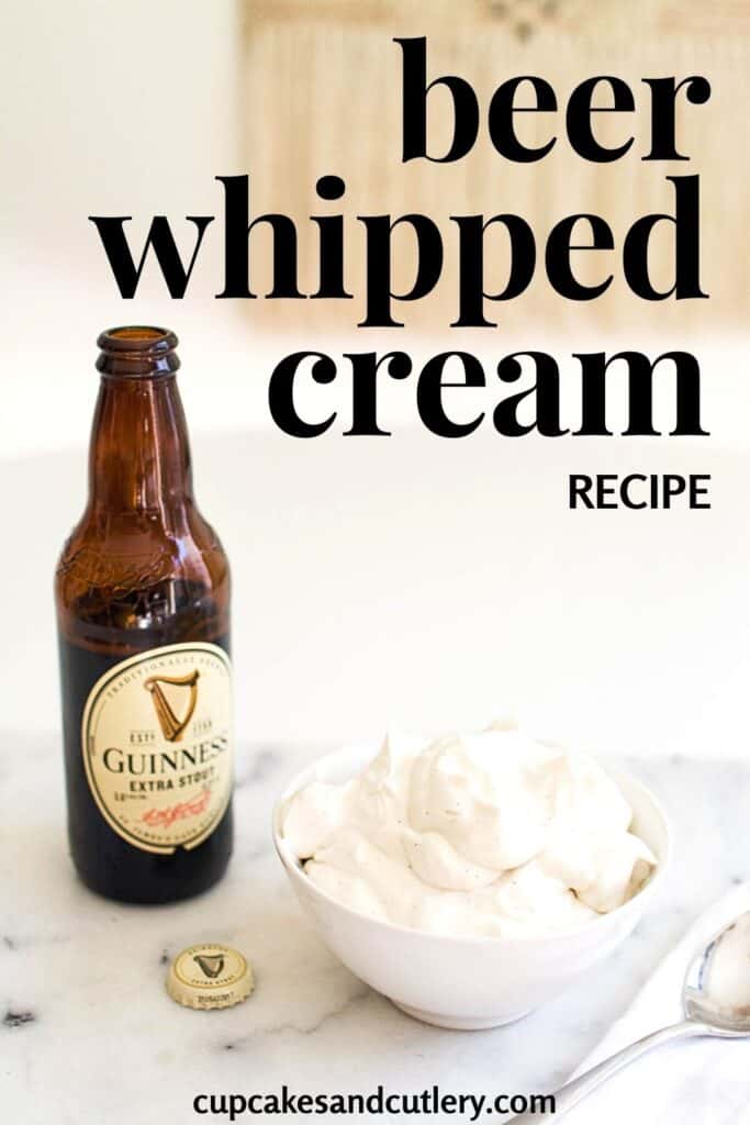 Image of a bowl filled with beer whipped cream next to a bottle of Guinness.
