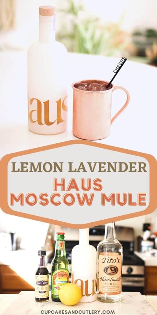 Collage of images to make a Lavender Lemon Haus Mule with text in the middle.