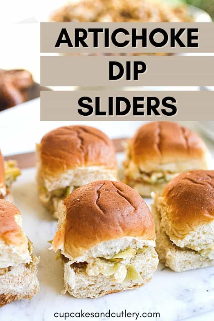 Close up image of artichoke dip sliders.