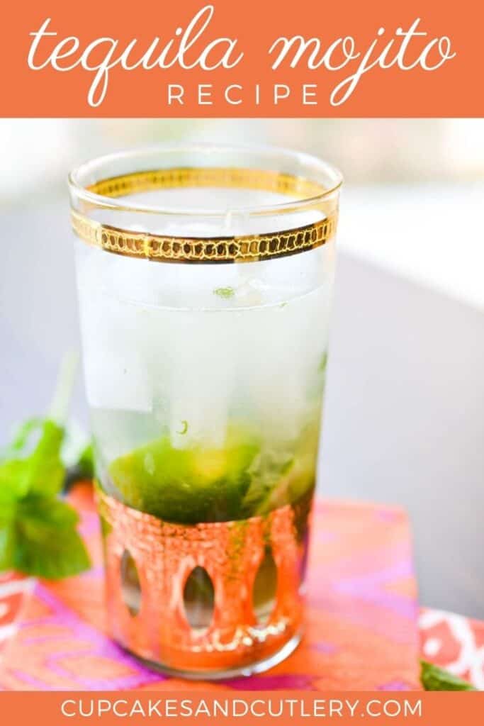 Close up of a cocktail glass with fresh mint and lime in the bottom with text around it.