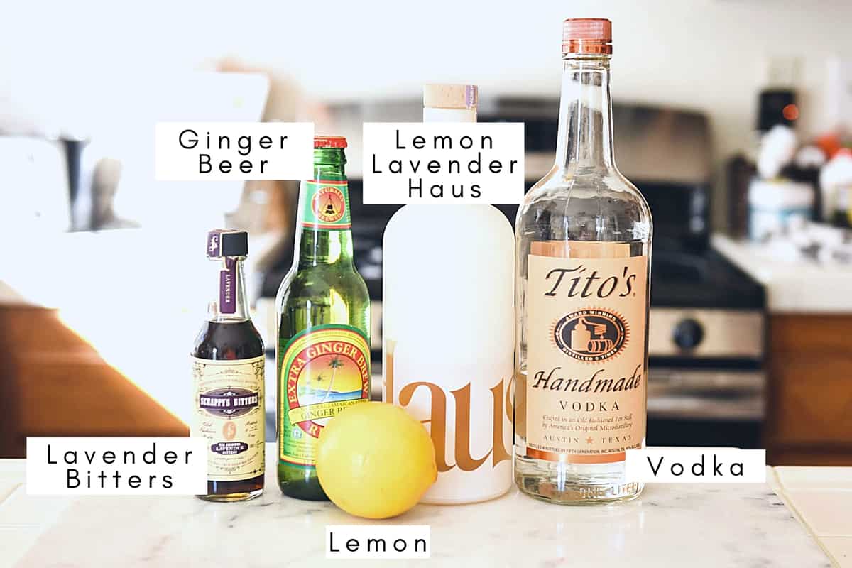 Labeled ingredients to make a Haus Mule cocktail.