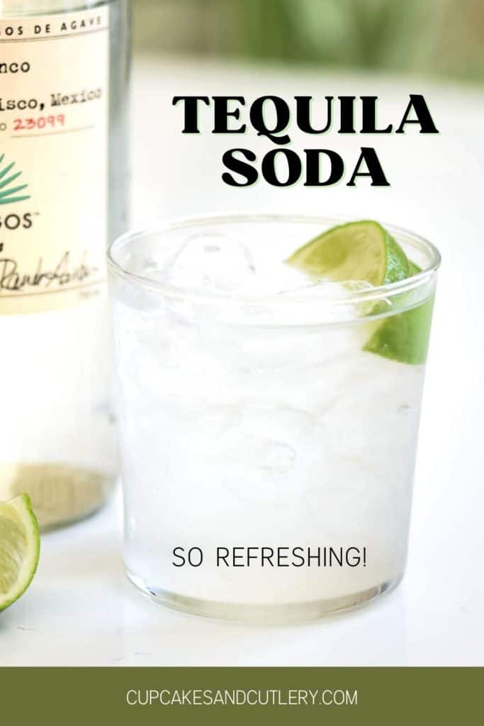 A cocktail glass on a table with text that says "Tequila Soda".