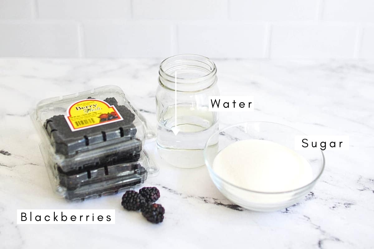 Labeled ingredients to make blackberry simple syrup. 
