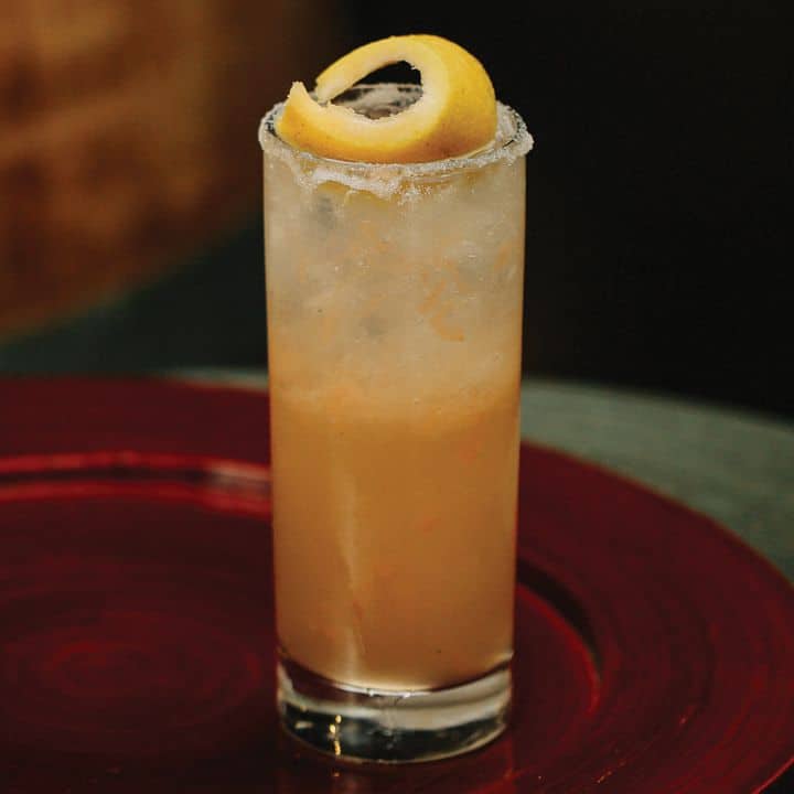 Close up of a high ball glass with a salty dog cocktail topped with a lemon twist.