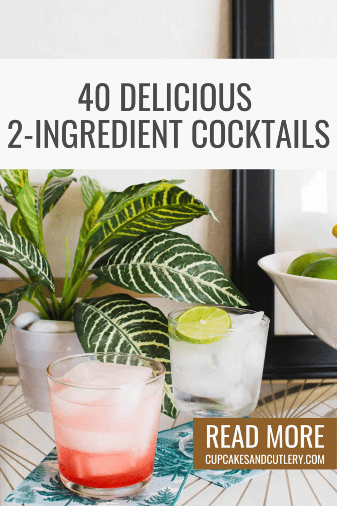 2 cocktail glasses on a bar cart with a plant.