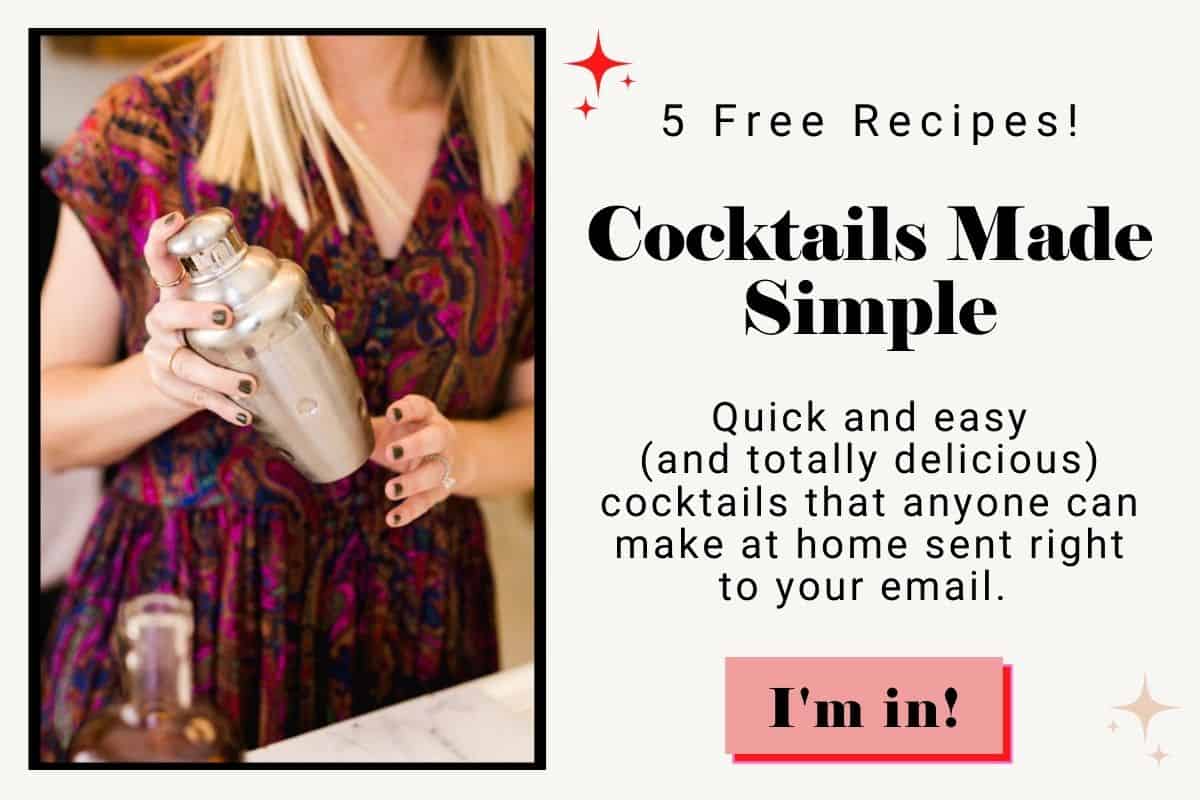 Woman holding a shaker next to text about free cocktail recipes.