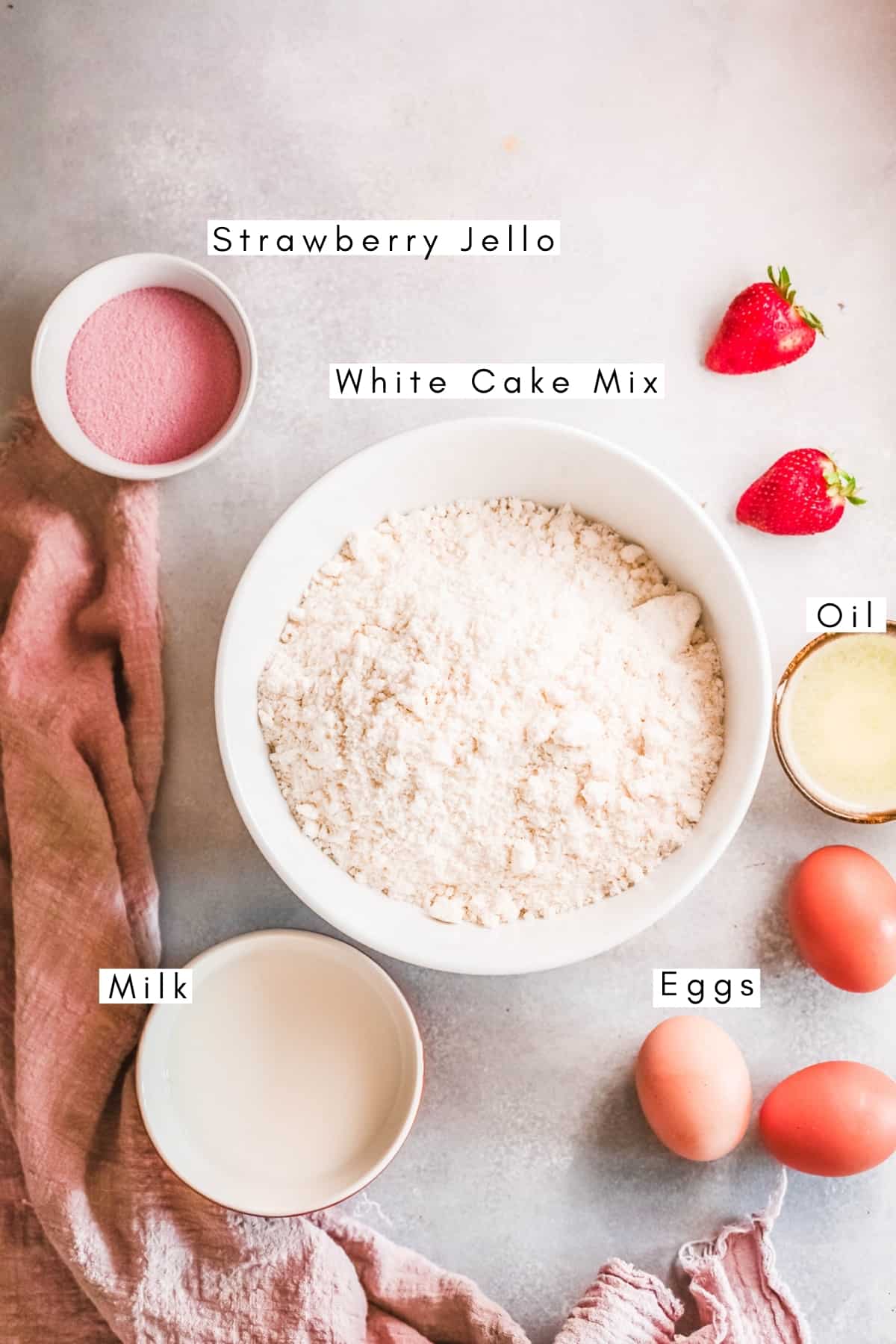 Ingredients needed to make Strawberry Jello Cupcakes with ingredient images and words written out.