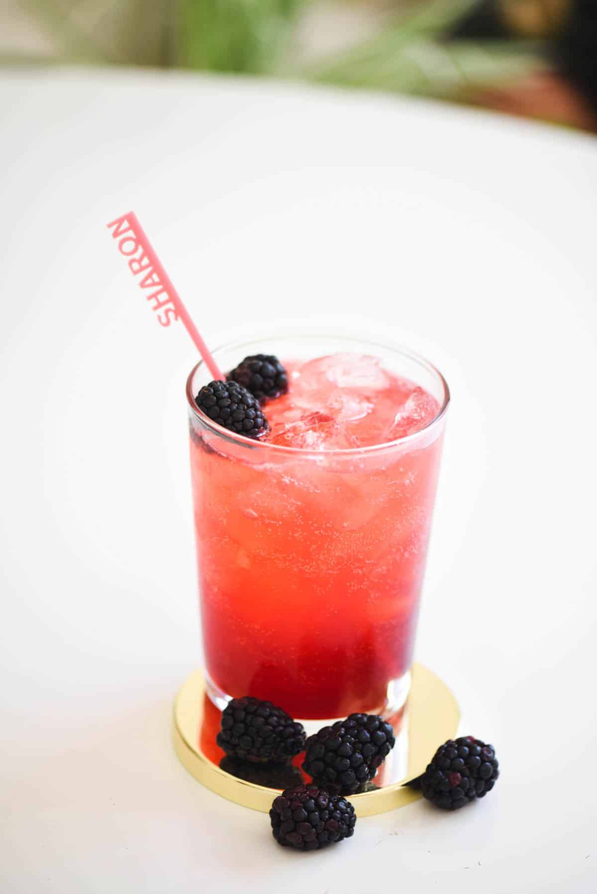 Glass full of a blackberry gin and tonic with a cocktail stirrer and two fresh berries in the drink. 