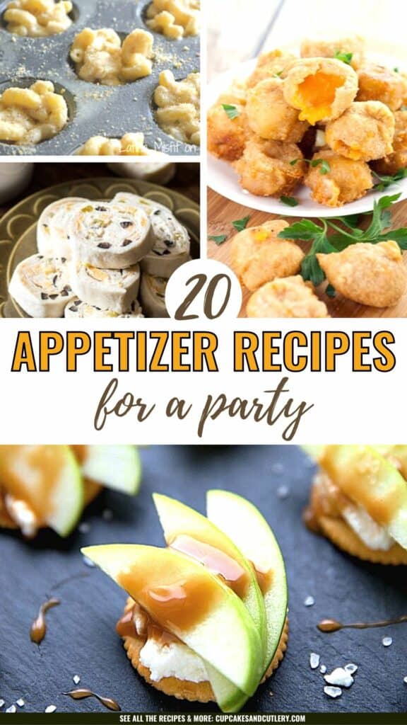 Text: 20 Appetizer Recipes for a party with a collage of a few photos of different appetizers.
