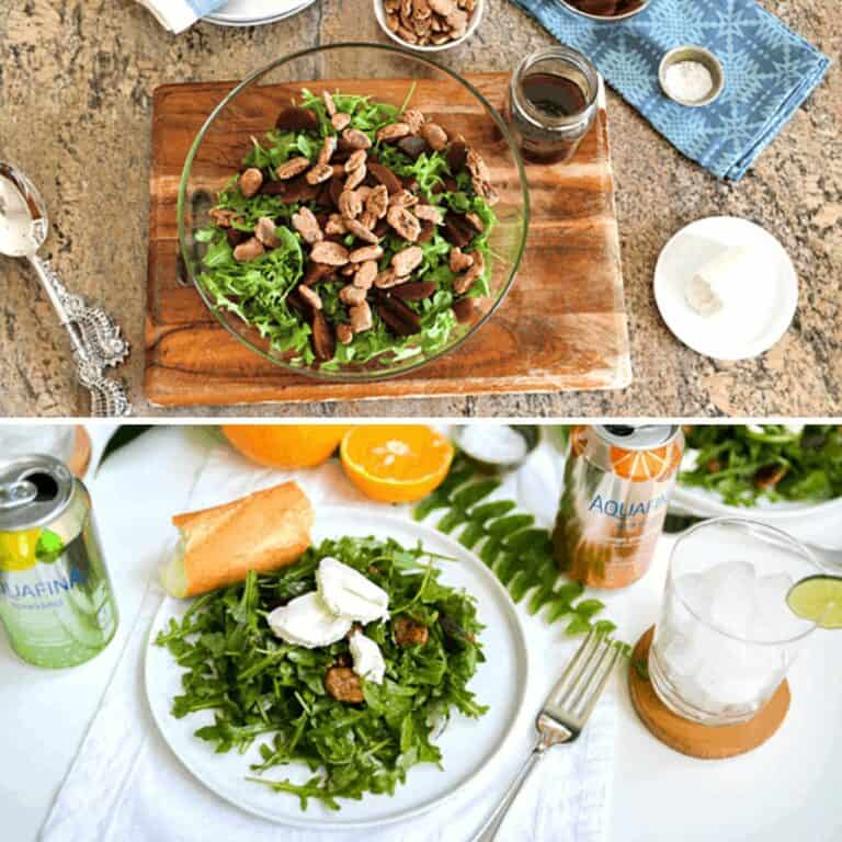 A bowl of arugula salad being made on a wooden cutting board and a portion of beet and goat cheese salad on a white plate on a table.