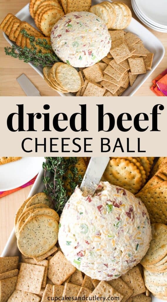 A collage of images for a dried beef cheese ball with text.