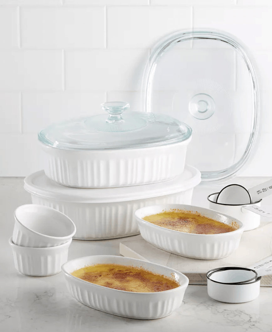 A selection of white Corningware bakeware from the Macy's sale.