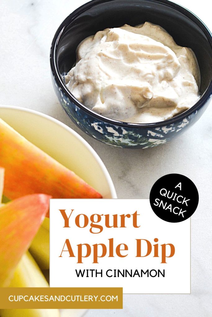 Black bowl of yogurt dip in the background of a white bowl of apple wedges.