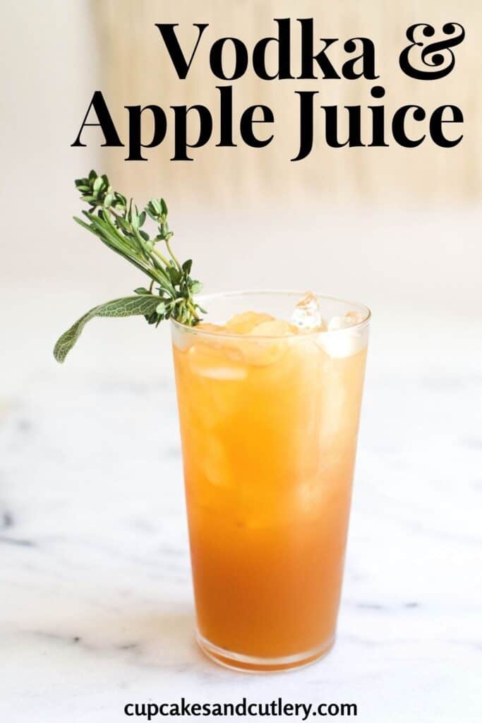 A close up of a glass with apple juice in it and herb garnish.