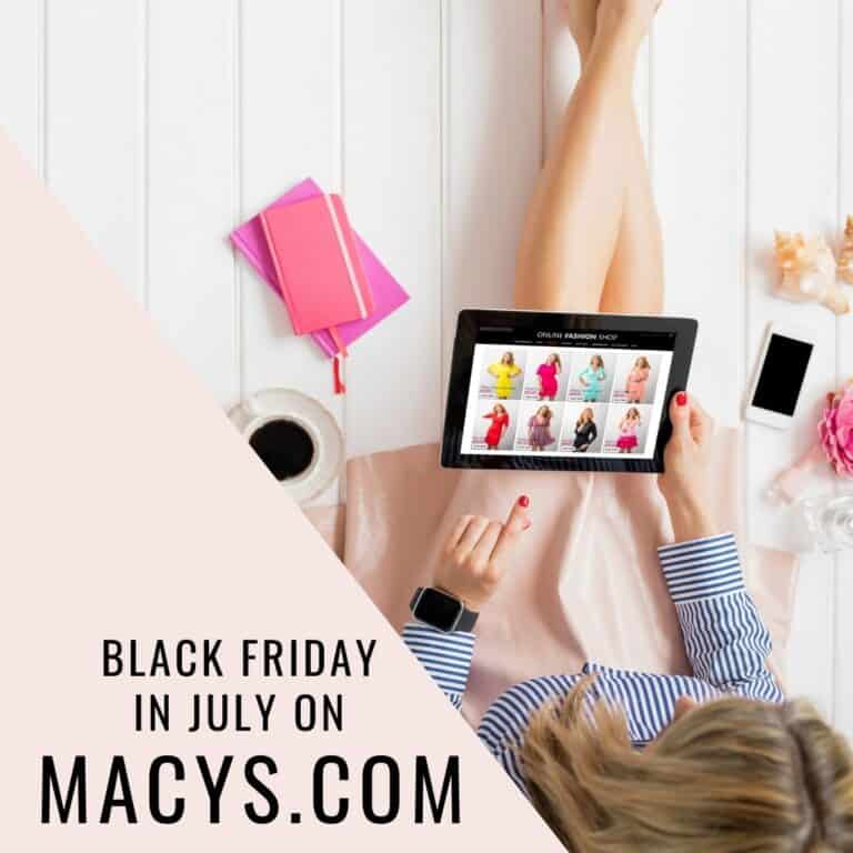 A woman shopping online with text around her.