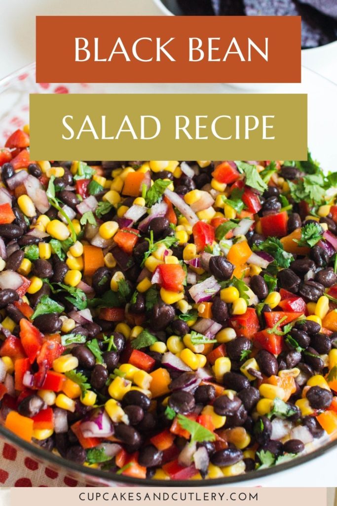 Close up of black bean salad in a bowl with text that says "Black Bean Salad Recipe".