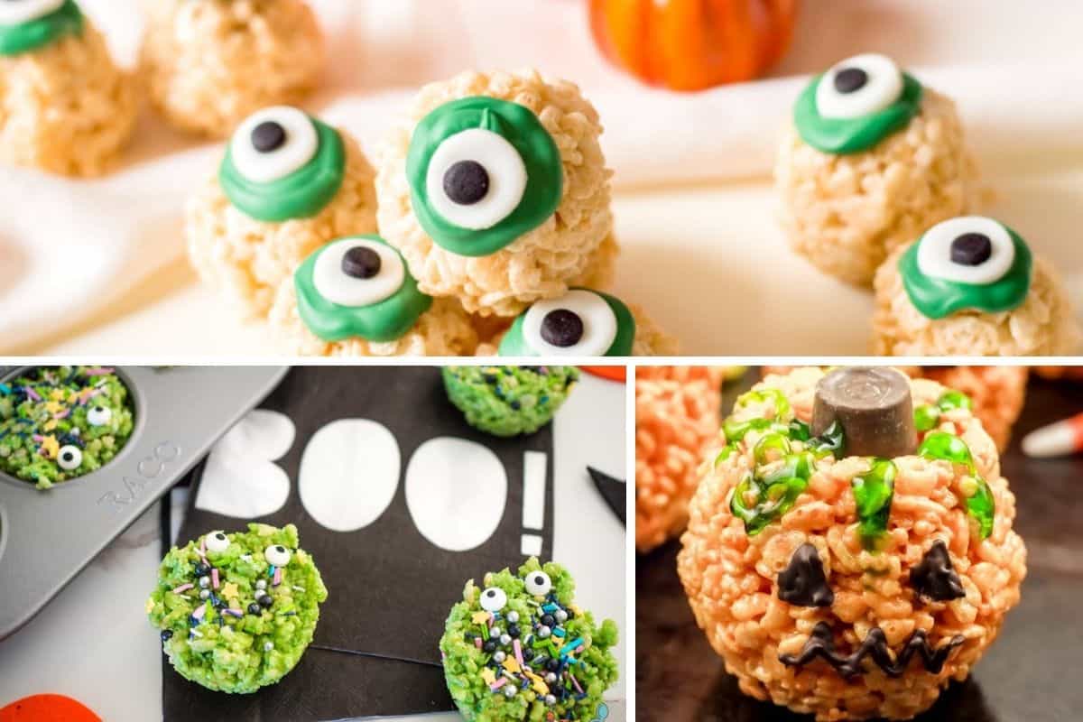 Collage of Halloween themed rice crispy treats.