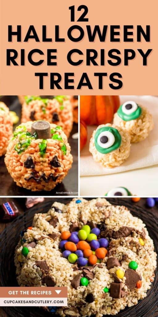 Collage of Halloween Rice Crispy Treat Ideas with text around it.