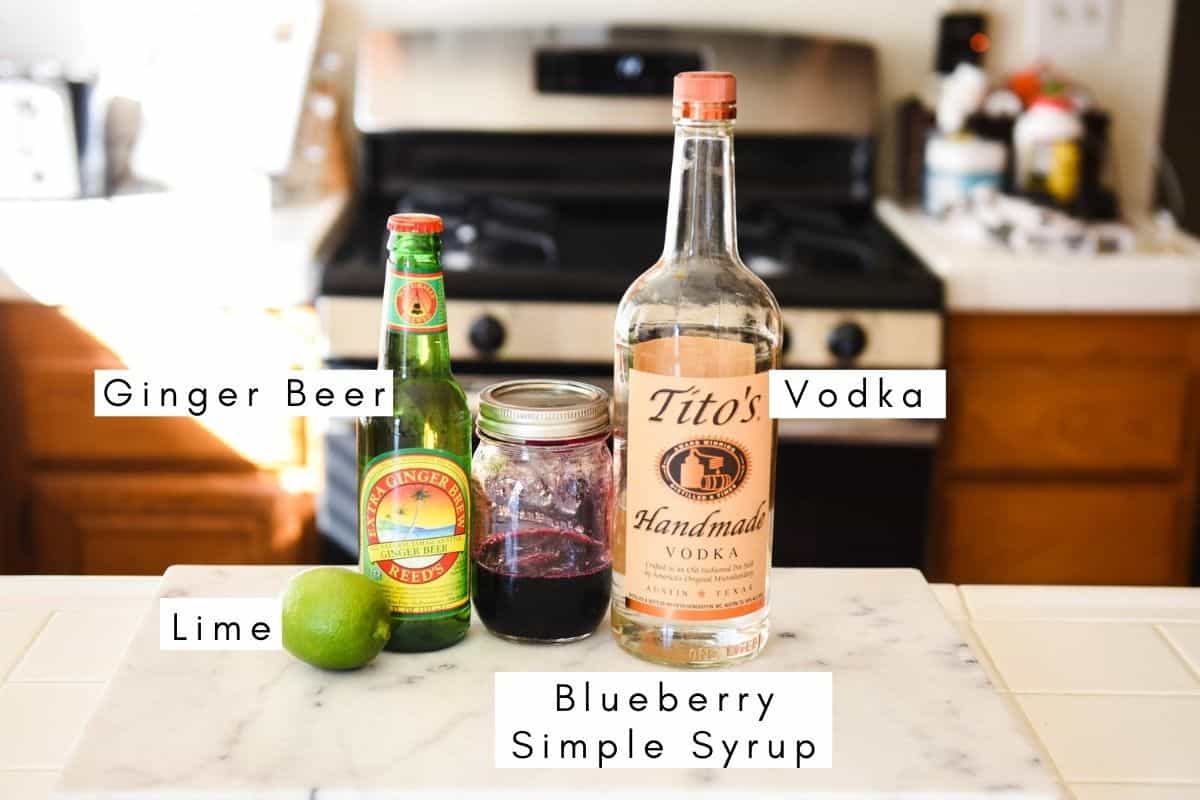 Ingredients needed to make Blueberry Moscow Mule on a counter.