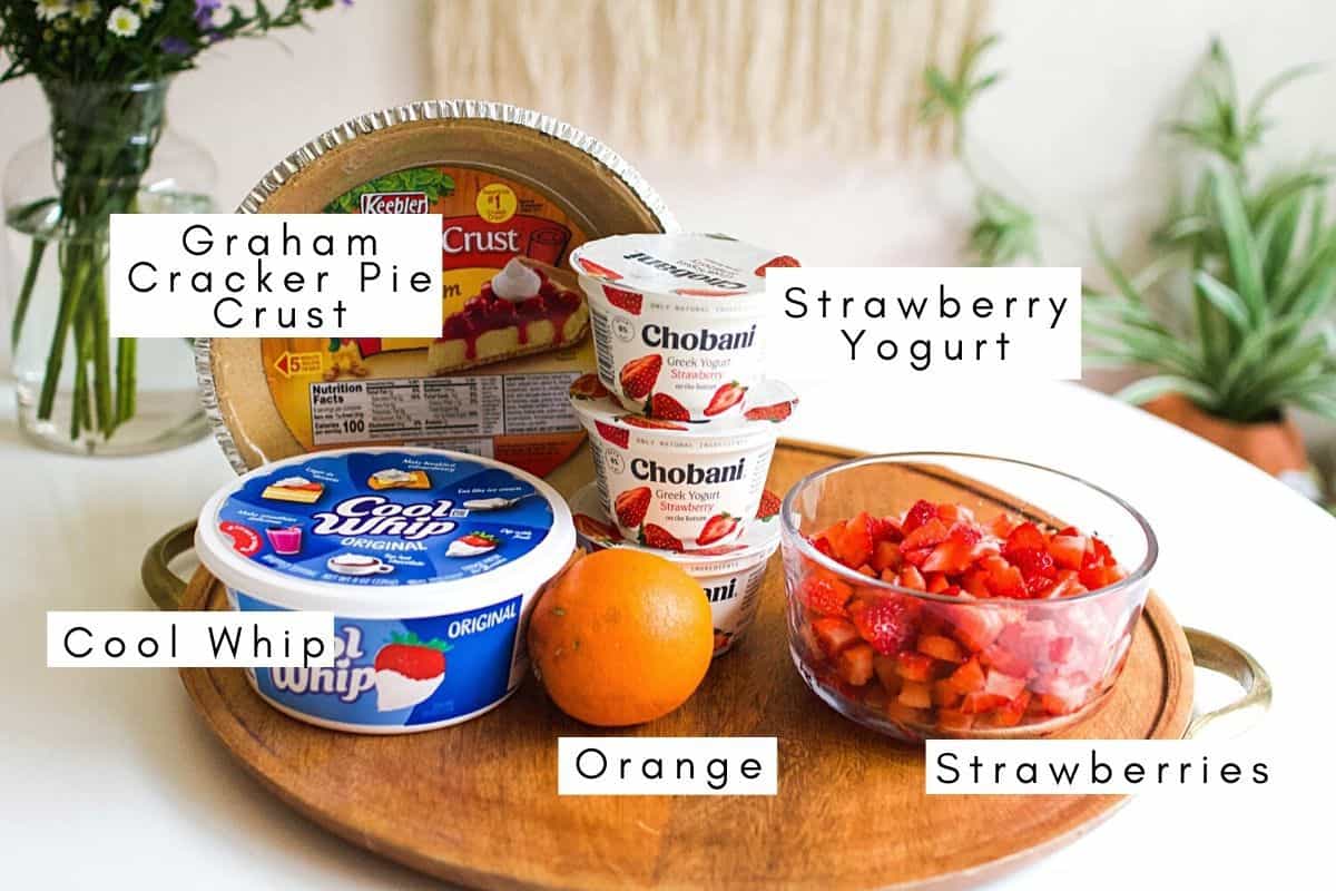 Labeled ingredients to make Frozen strawberry pie. 