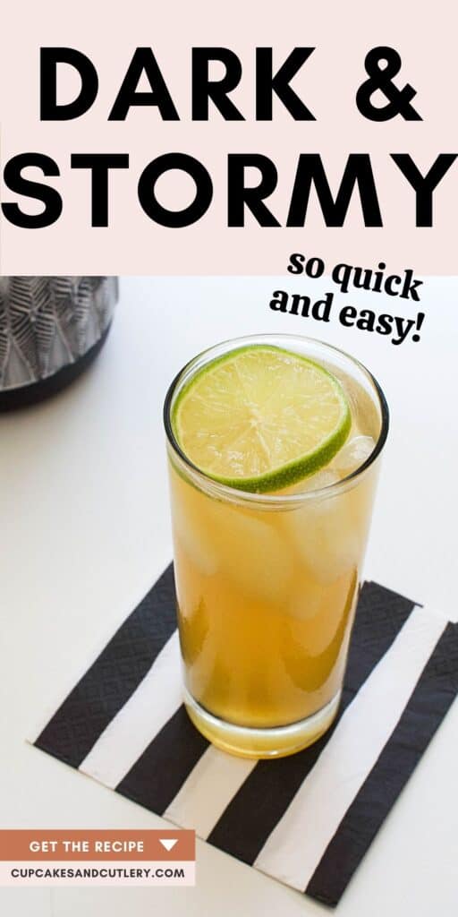 Close up of a highball glass with rum and ginger beer in it and a lime garnish.