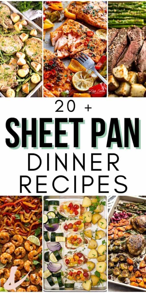 Collage of sheet pan dinner recipes with text in the middle.