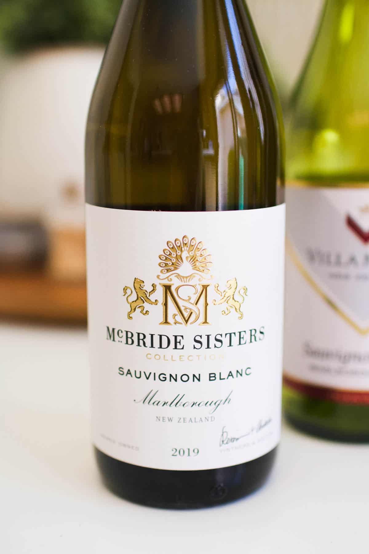 Close up of a McBride Sisters bottle of Sauvignon Blanc.