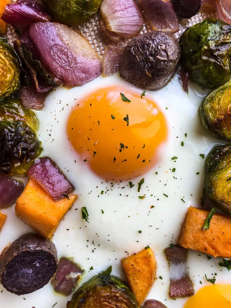 A sheet pan eggs and potato recipe.
