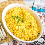 Close up of a dish holding Brown Buttered Corn for a dinner side dish.