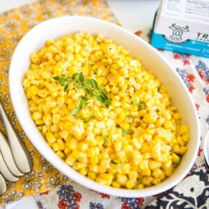 Close up of a dish holding Brown Buttered Corn for a dinner side dish.