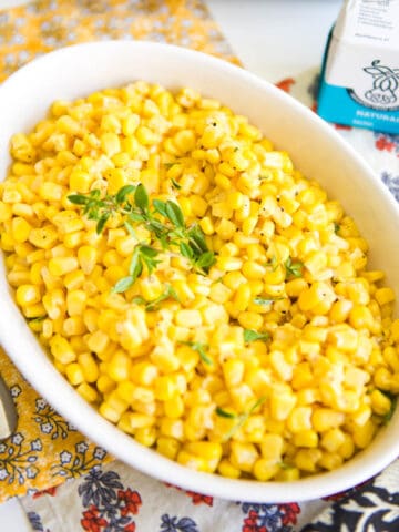 Close up of a dish holding Brown Buttered Corn for a dinner side dish.