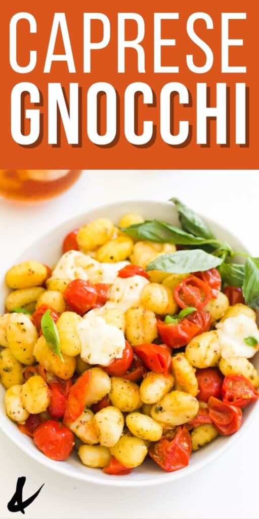 Close up of a bowl of a caprese gnocchi side dish.
