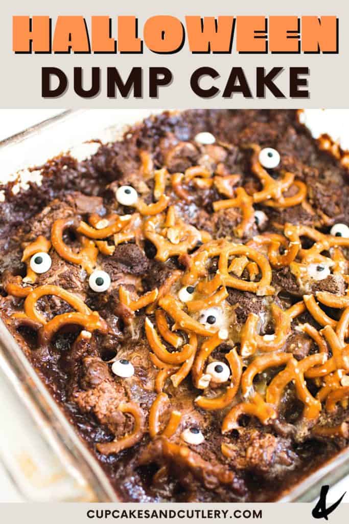 A Dump Cake with candy eyes and pretzels and text that says "Halloween Dump Cake".