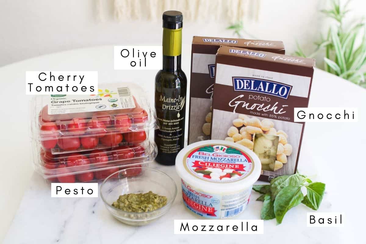 Labeled ingredients to make a gnocchi caprese recipe.