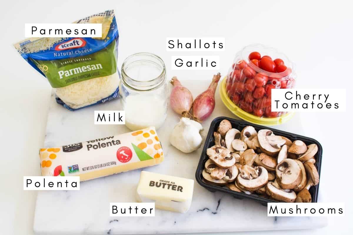 Labeled ingredients needed to make mushroom polenta on a counter.